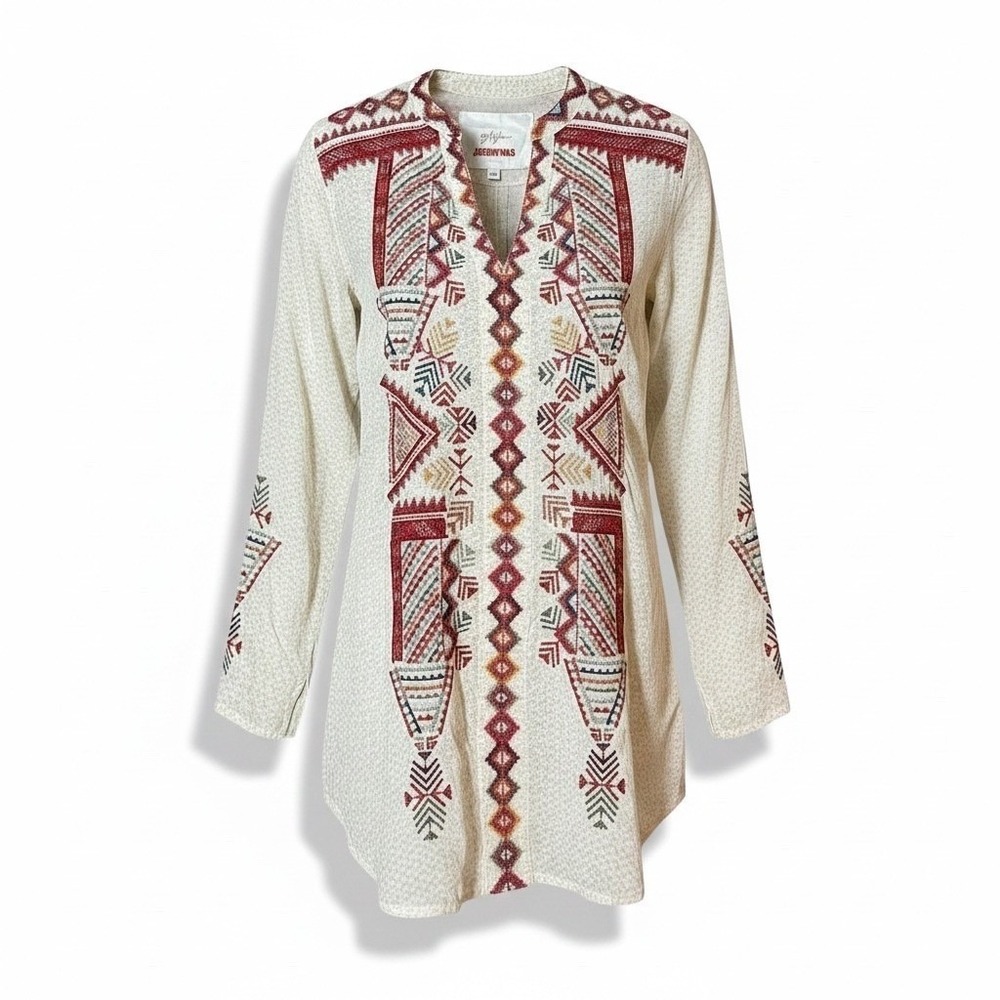 Johnny Was Biya Silk Tunic Top Cream Embroidered Boho Blouse XS
